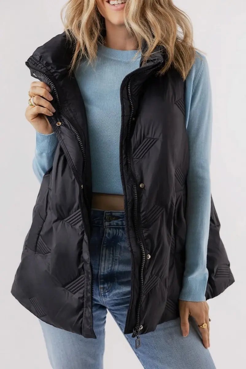 Black Quilted High Neck Zip Up Jacket Vest - Love Salve